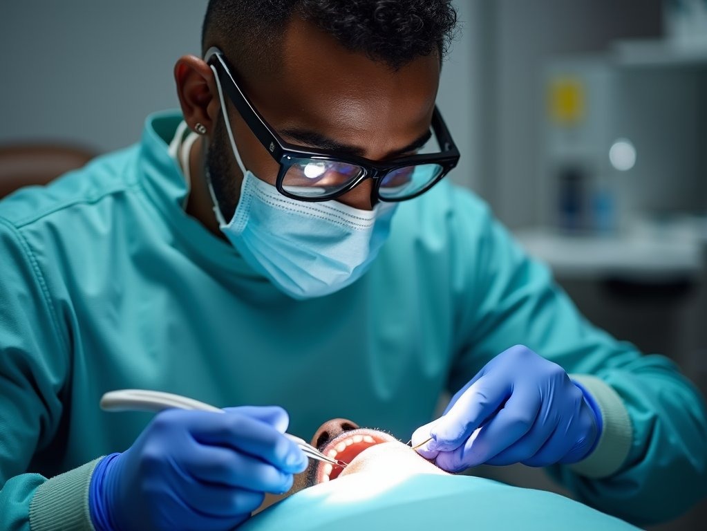 Dentist in mask performing procedure amid NHS dental price hikes.
