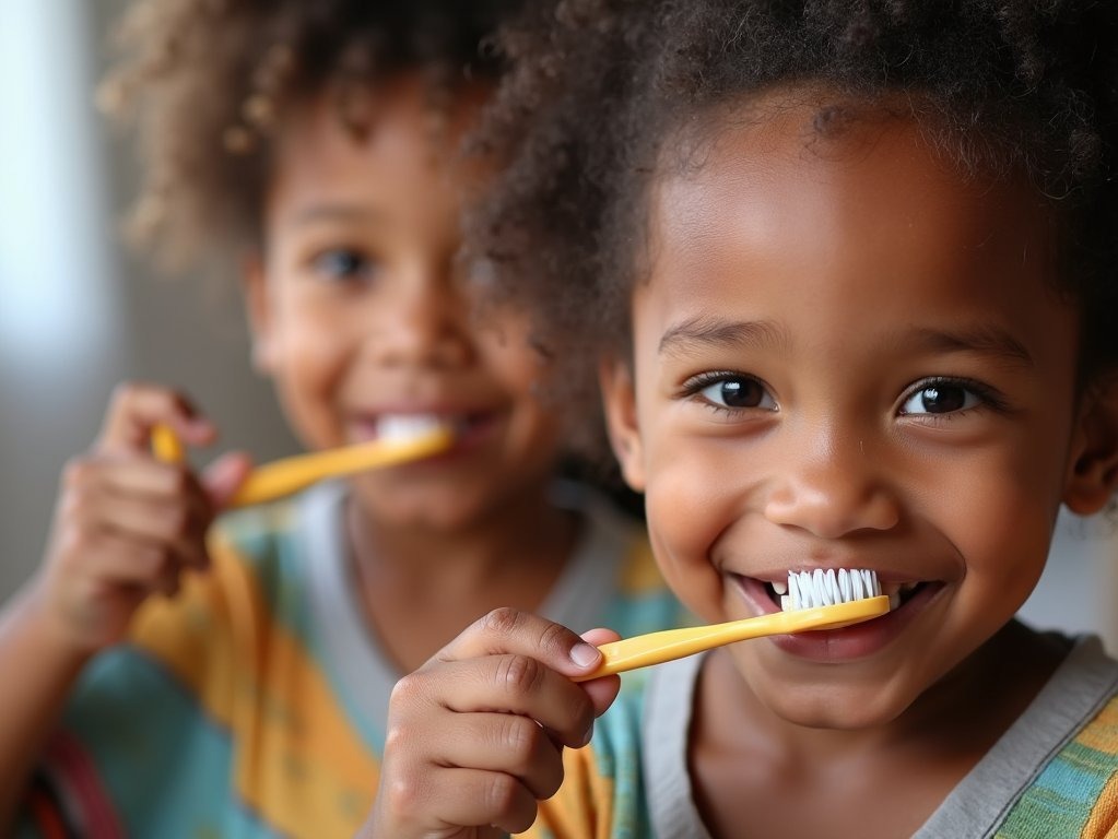 Children brushing teeth as part of UK children's dental health campaign