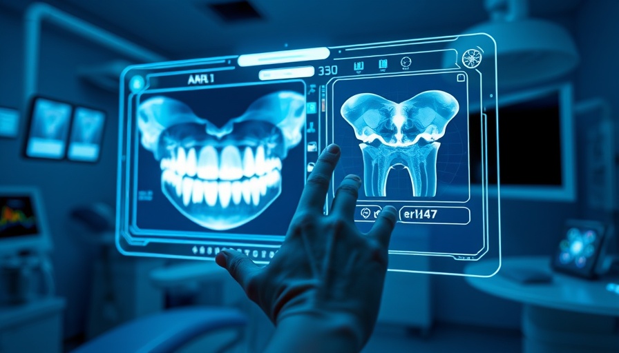 AI in dental practice management with futuristic technology display.