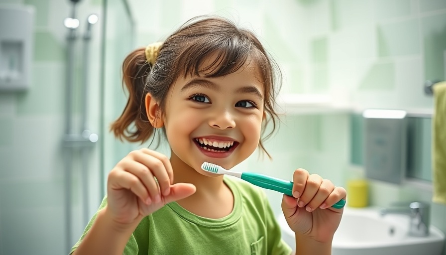 Young girl brushing teeth in a bright bathroom, smiling, oral health guidance for neurodivergent children.
