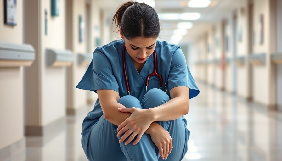 Emotional healthcare worker sitting in corridor, highlighting sexual misconduct training in healthcare.