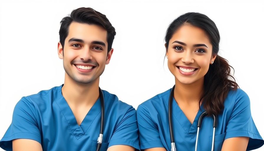 Two smiling dental professionals in blue scrubs, dental care access Orkney.