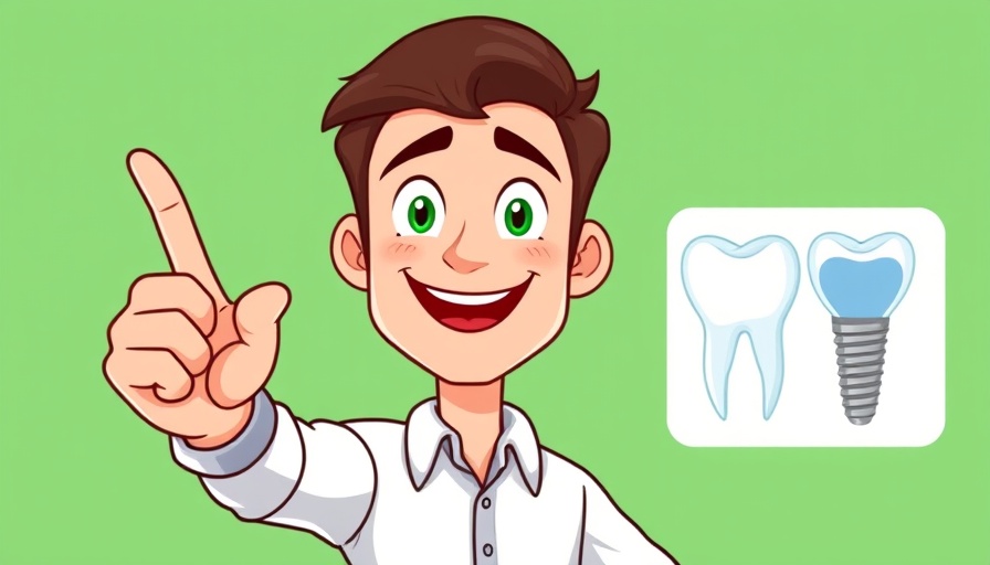 Educational cartoon image about dental implants with a pointing man.
