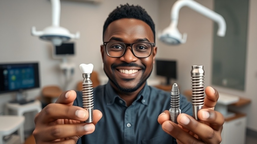 Confident middle-aged man comparing ceramic dental implants and titanium implants in a modern dental office.