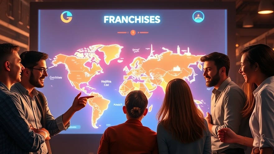 Dynamic entrepreneurs discussing emerging franchise trends around a vibrant digital map.
