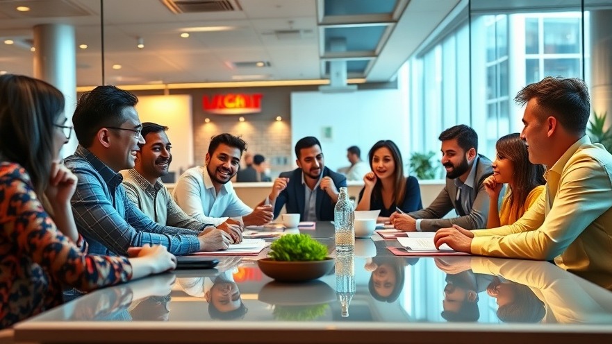 Diverse franchise owners discussing AI-driven franchise growth at a modern conference table.