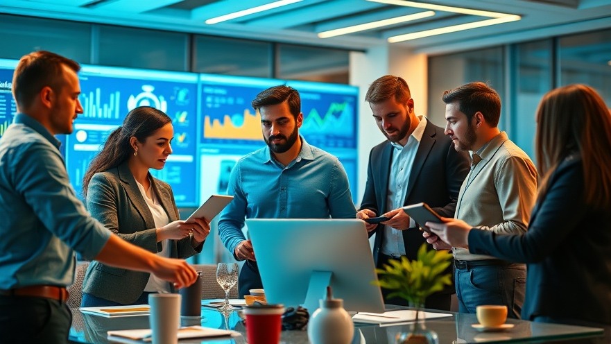 Dynamic office scene showcasing diverse teamwork in franchise technology and AI-driven marketing.