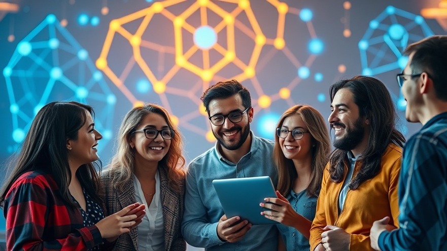 Diverse individuals discuss OpenAI innovations in a vibrant, futuristic setting.