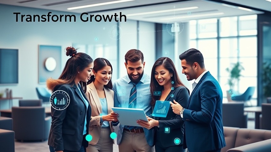 Business professionals discussing AI in franchise operations around a digital tablet.