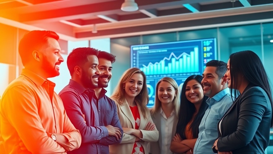 Diverse franchise owners discussing AI-driven business strategies in a vibrant office.