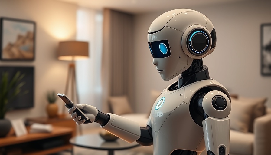 Sleek humanoid robot in a modern home interacting with smart devices.