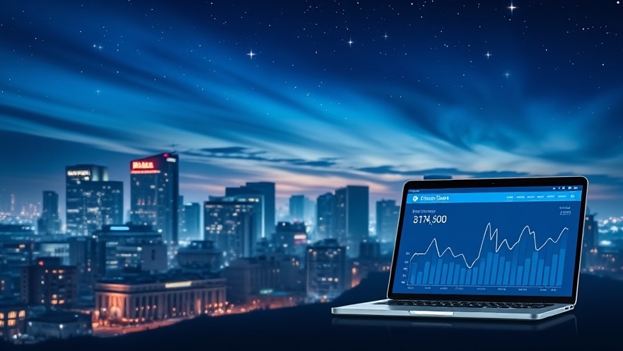 Serene cityscape at night showing AI-powered franchises with analytics on a modern laptop.