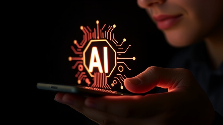 Close-up of a person with smartphone featuring glowing AI symbol; ideal for AI-generated search and franchise marketing.
