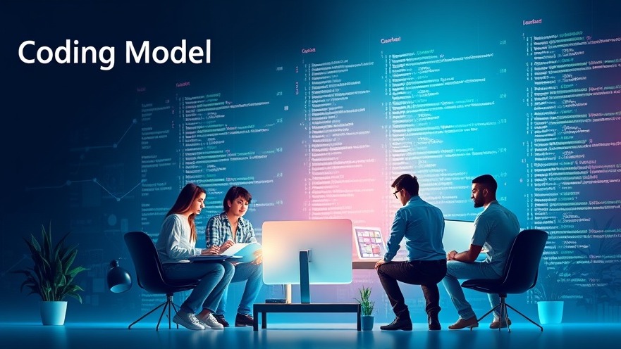 Software engineers collaborating on open-source coding models with vibrant colors.