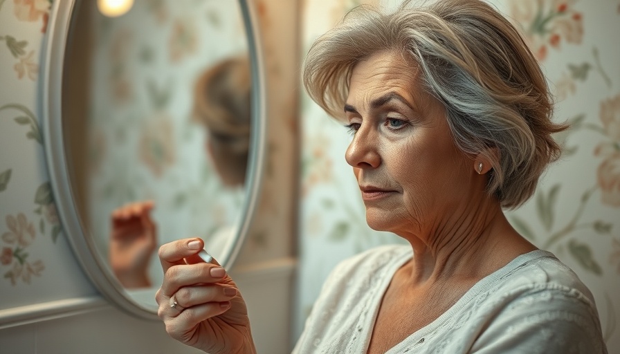 Woman reflecting on menopausal hormone therapy cancer risk while holding medication.
