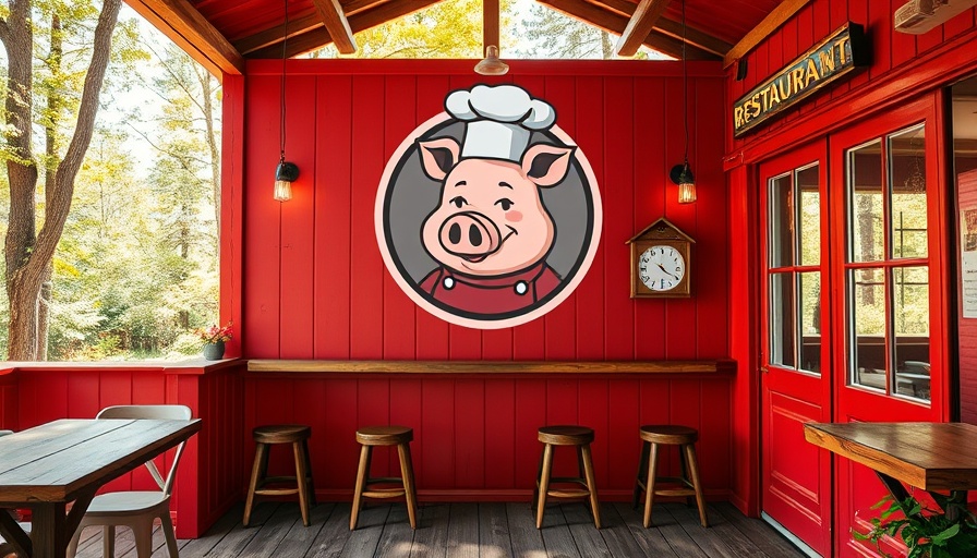 Jim’s Smokin’ Que restaurant facade with chef pig mural.