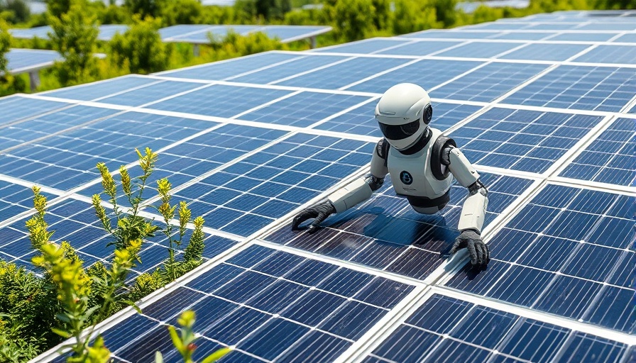 Automation in solar energy with robot on solar panels in nature.