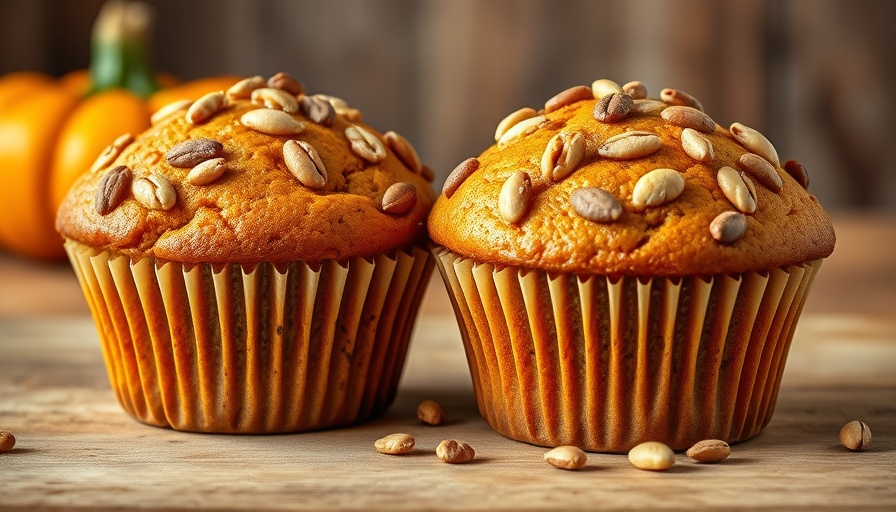 Freshly baked pumpkin morning glory muffins topped with nuts and seeds.