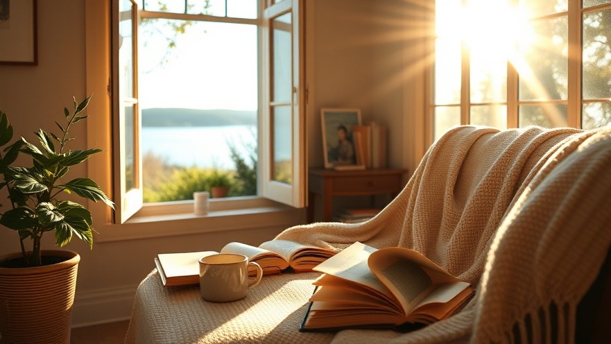 Cozy reading nook with self-improvement books, warm sunlight, and serene ambiance.