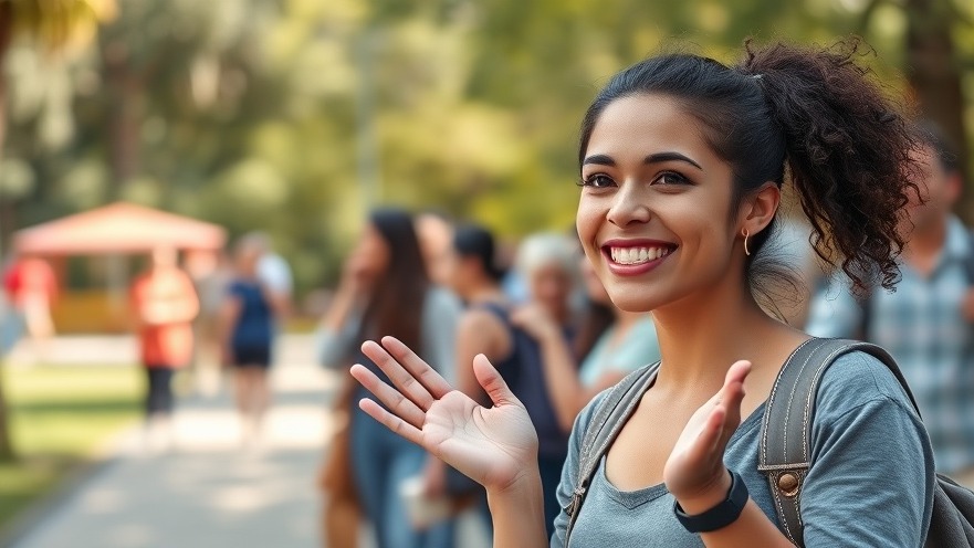 Joyful woman in a park promoting sustainable dining and local flavors.