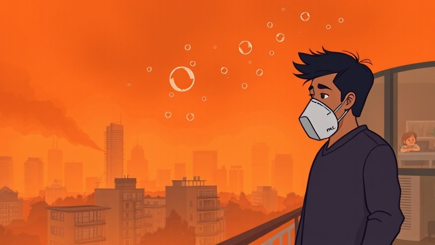 A concerned individual in an N95 mask views wildfire smoke, highlighting health risks of PM2.5.