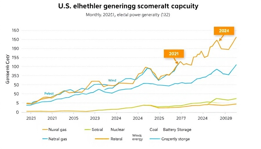 Trend graph of U.S. solar capacity increase 2024 with various energy sources