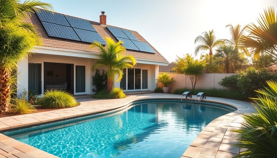 Suburban home with solar panels and pool in sunny backyard.
