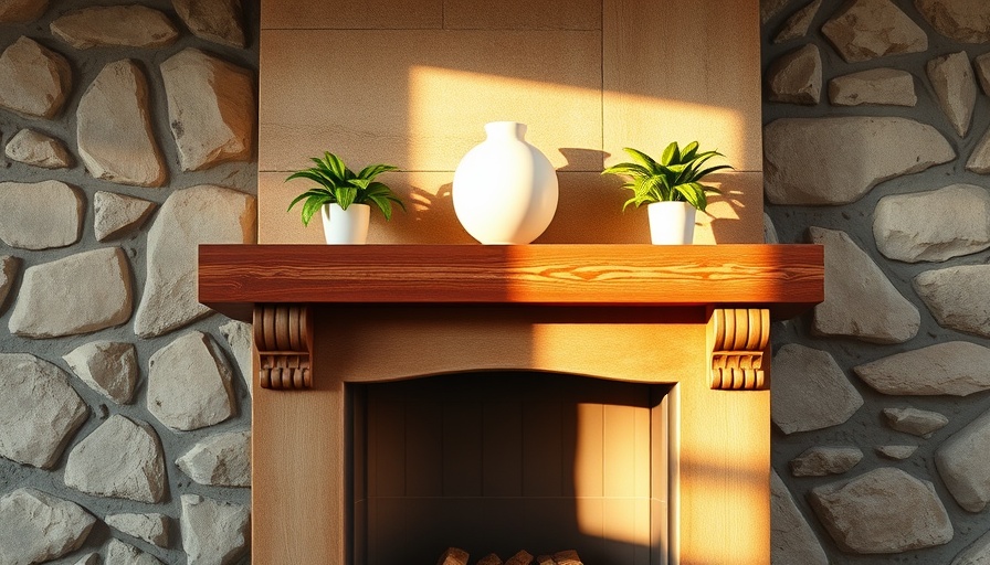Rustic fireplace mantel installation with plants and stone wall.