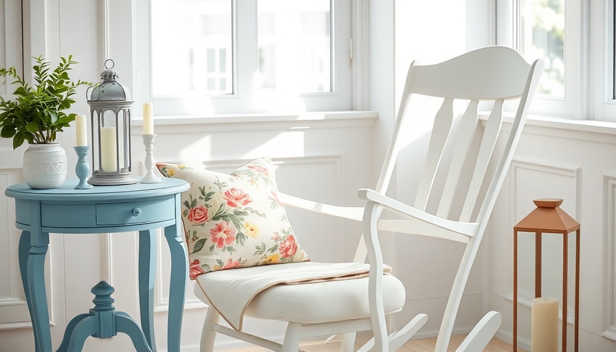 White rocking chair with floral pillow beside blue table, bright room.