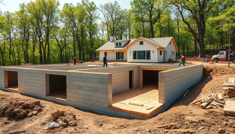 ICF Modern Farmhouse Construction in wooded area, foundation being built.