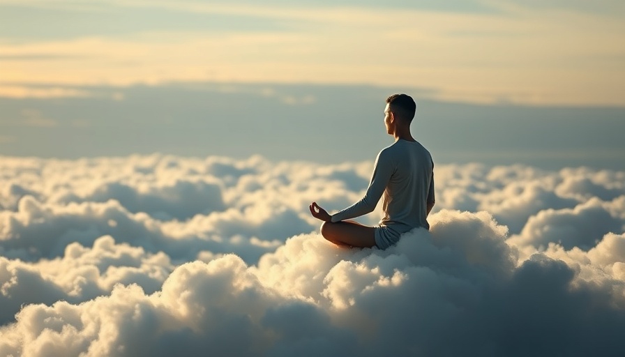 Serene meditation scene on clouds illustrating Wealth = Have ÷ Want concept.