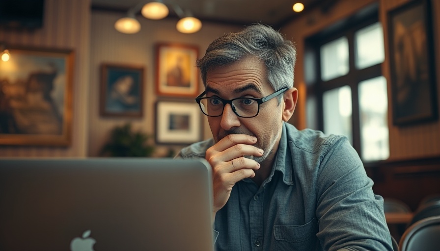 Surprised man at cafe reacting to subscription spending mistakes.
