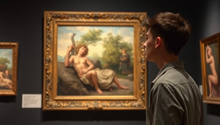 Masterworks Review: Young man admiring fine art painting in gallery.