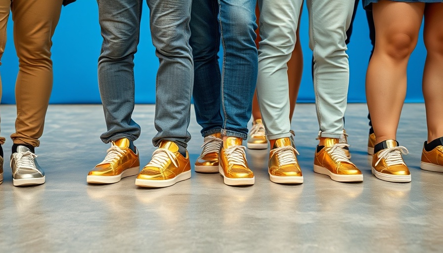 Group wearing gold sneakers at an event, showcasing unique style.