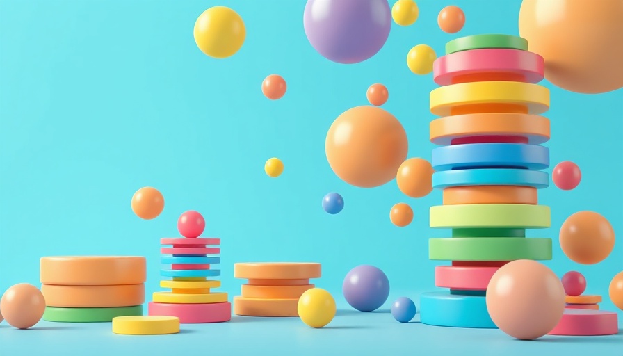 Colorful abstract scene with stacked discs and spheres, Raisin Savings Review.