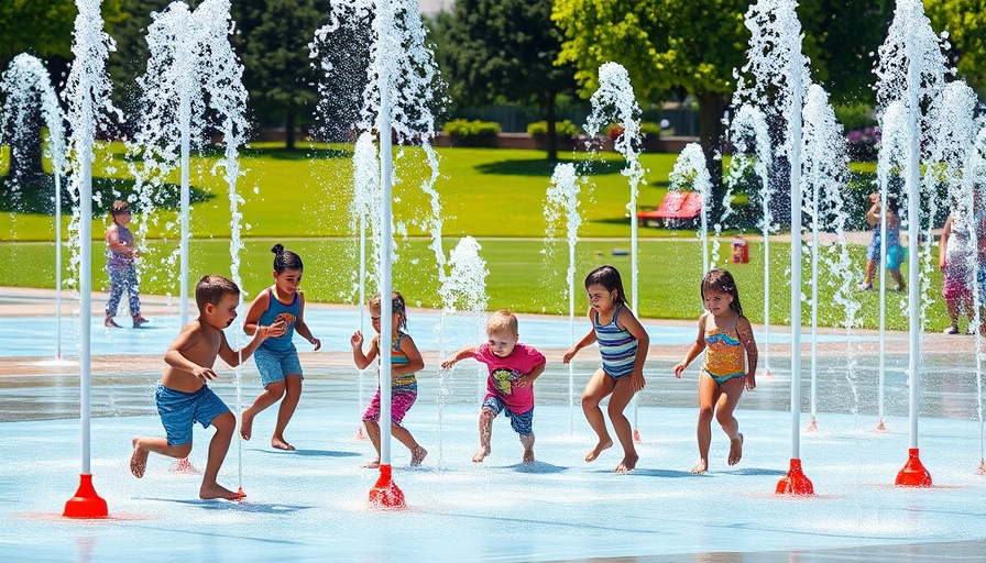Children enjoying a splash pad, cheap and free summer fun.