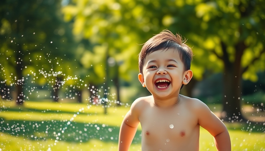 Joyous child running through sprinkler in sunlit park, capturing happiness.