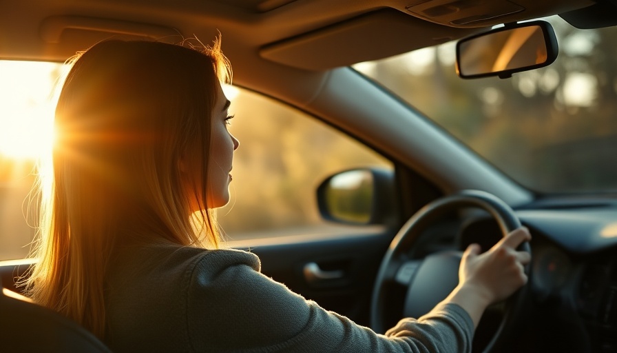 Young woman driving in sunlight, save money on your next road trip.
