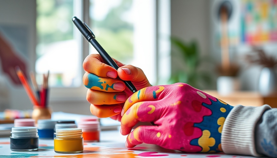 Colorful hands holding paintbrush and pen, nurturing creativity.
