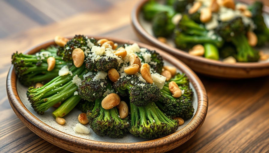 Charred broccolini with anchovy oil and parmesan on rustic plates.