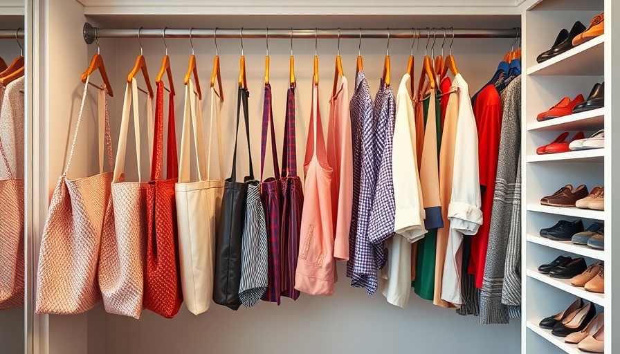 Organized closet space with hanging bags and neatly folded clothes.