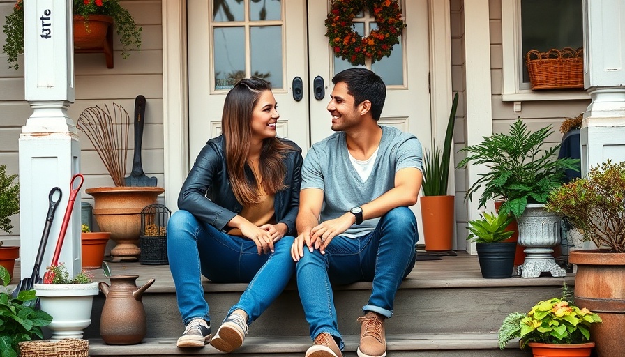 Couple enjoying a weekly marriage meeting on porch steps.