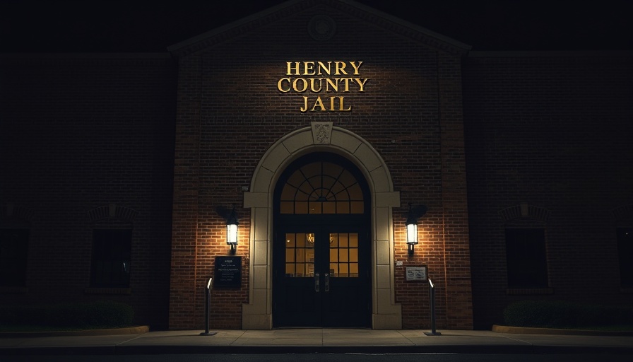 Henry County Jail entrance at night, focus on brick facade.