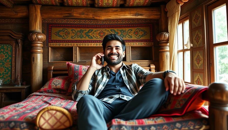 Casual man in rustic room talking on phone, colorful ambiance.