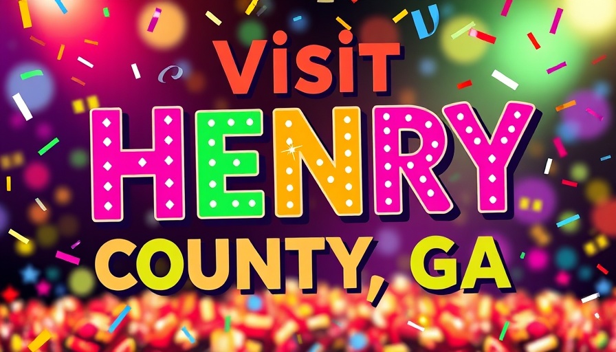 Visit Henry County Georgia promotional poster with colorful confetti.