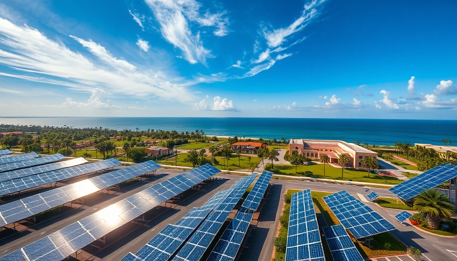 Sustainability through solar panels in university campus with ocean view.