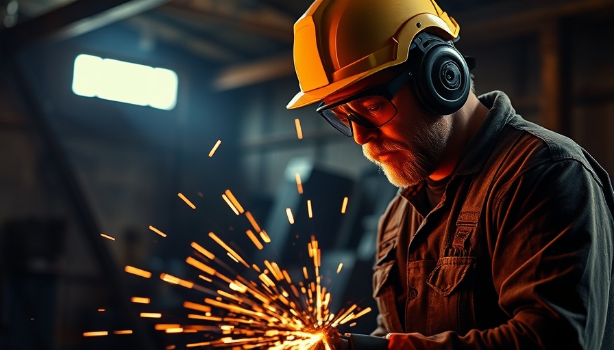 Worker grinding metal in a workshop with flying sparks.