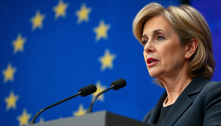 Speaker addresses audience against EU flag discussing Trump tariffs and countermeasures.
