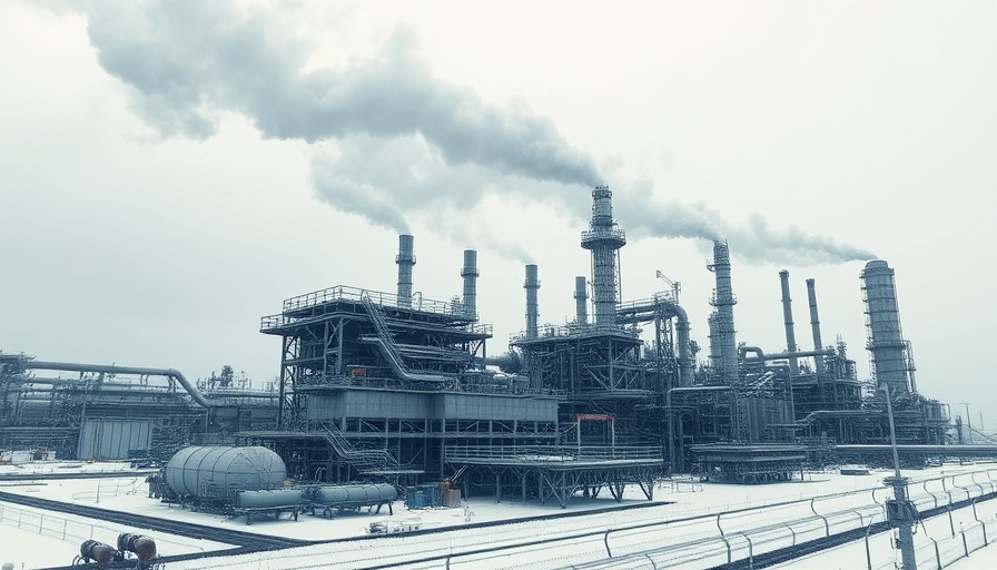 Industrial oil refinery smoke stacks in snowy landscape.