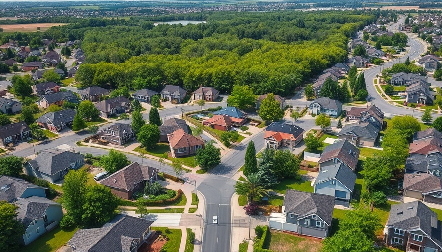 Aerial view of suburban neighborhood with Grove Mixed-Use Development.